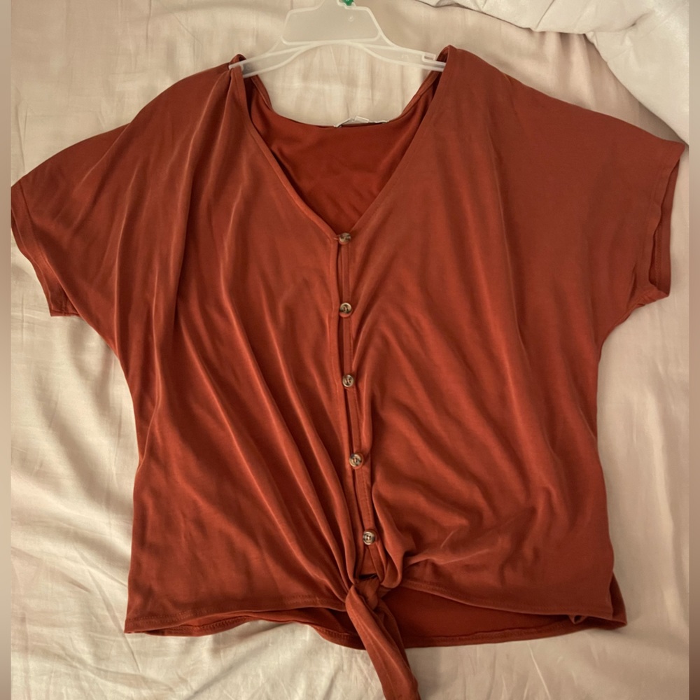 Burnt Orange Tie Front Button Up Top